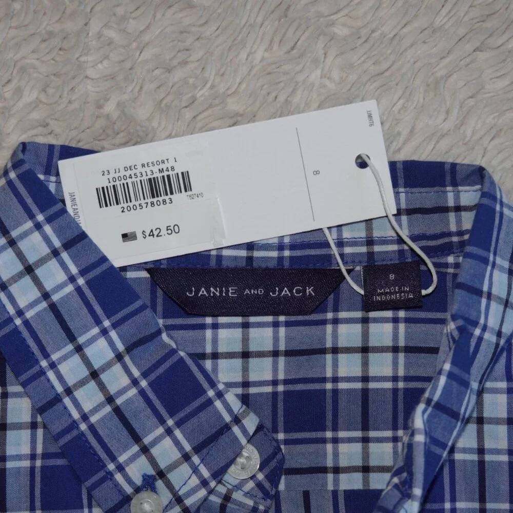 Boys Size 8 Janie and Jack Long Sleeve Blue Plaid Button Down Shirt, NWT